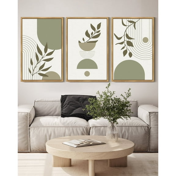 Drsoum Green Botanical Boho Wall Art 16x24in3pcs Natural Framed Modern Boho Decor Abstract Geometry Lines Prints