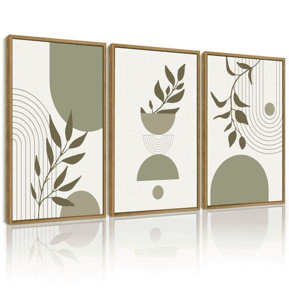 Drsoum Green Botanical Boho Wall Art Modern Boho Decor Abstract Geometry Lines Prints 11x14in3pcs Natural Framed