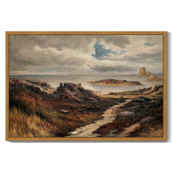 Drsoum Landscape 24x36in Natural Framed Canvas Wall Art Vintage Classical Seaside Path Wilderness Prints Modern Hallway Bathroom Office Decor