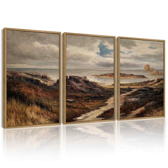 Drsoum Landscape Wall Art 16x24in3pcs Brown Framed Vintage Classical Seaside Path Wilderness Prints Modern Hallway Kitchen Office Decor