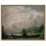 Drsoum Landscape Wall Art Vintage Classical Village Painting 11x14in Grassland Mountains Farmhouse Prints Room Decor - Natural Framed