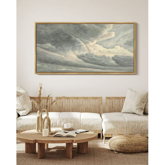 Drsoum Large 20x40in Natural Framed Clouds in the Sky Vintage Wall Art Landscape Painting Retro Cloudy Scenery Farmhouse Kitchen Living Room Decor