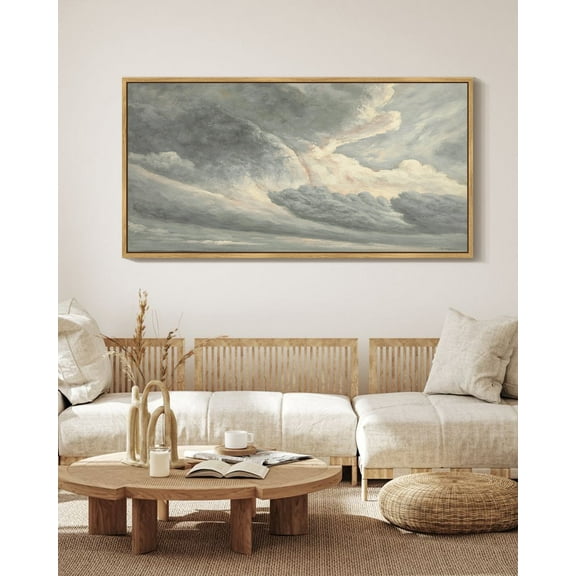 Drsoum Large 20x40in Natural Framed Clouds in the Sky Vintage Wall Art Landscape Painting Retro Cloudy Scenery Farmhouse Kitchen Living Room Decor