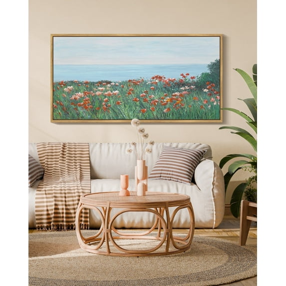 Drsoum Large 20x40in Natural Framed Coastal Red Wildflower Field Vintage Wall Art Prints Classic Retro Farmhouse Landscape Rustic Decorations for Living Room Bedroom