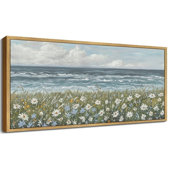 Drsoum Large 20x40in Natural Framed Coastal Wildflower Field Vintage Wall Art Prints Classic Retro Farmhouse Landscape Rustic Decorations for Living Room Bedroom