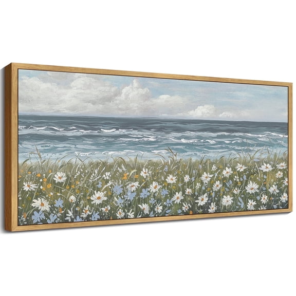 Drsoum Large 20x40in Natural Framed Coastal Wildflower Field Vintage Wall Art Prints Classic Retro Farmhouse Landscape Rustic Decorations for Living Room Bedroom