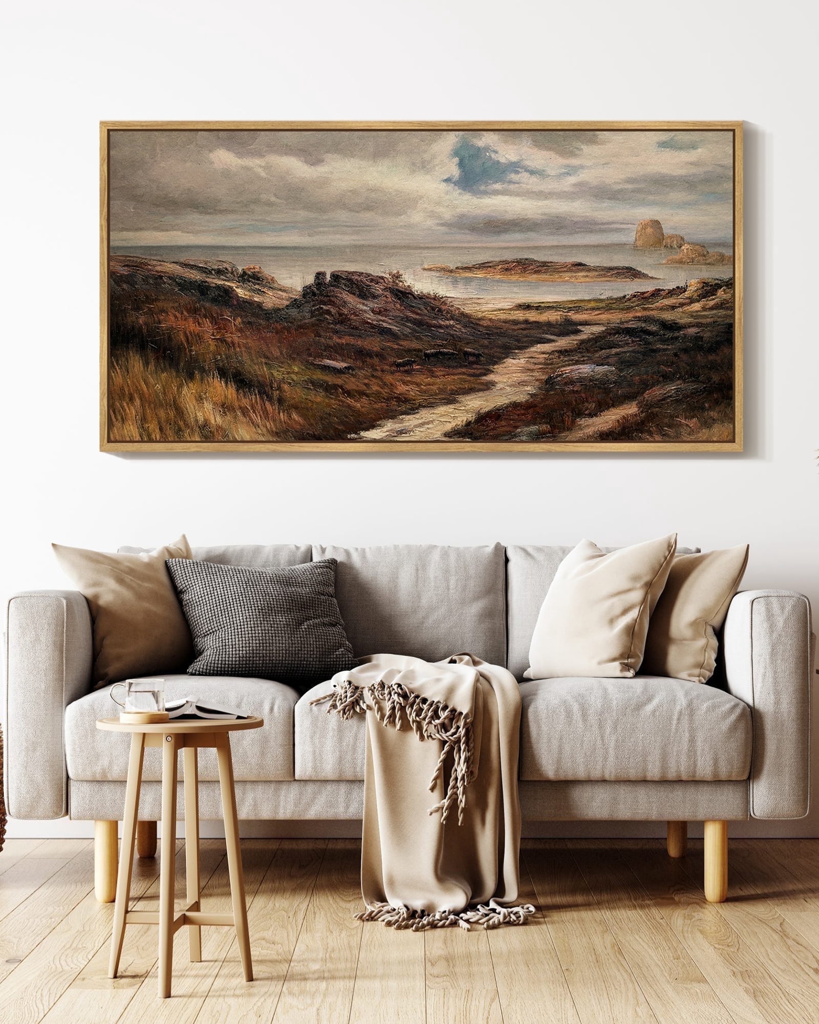 Drsoum Large 20x40in Natural Framed Country Village Vintage Wall Art Landscape Painting Retro Mountain Meadow Scenery Farmhouse Kitchen Living Room Decor