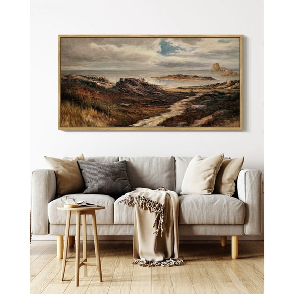 Drsoum Large 20x40in Natural Framed Country Village Vintage Wall Art Landscape Painting Retro Mountain Meadow Scenery Farmhouse Kitchen Living Room Decor