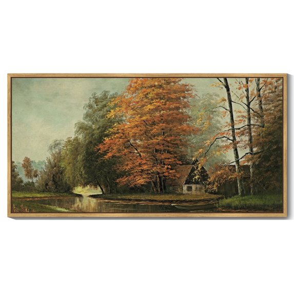 Drsoum Large 20x40in Natural Framed Countryside River Vintage Wall Art Landscape Painting Retro Fall Scenery Farmhouse Kitchen Living Room Decor