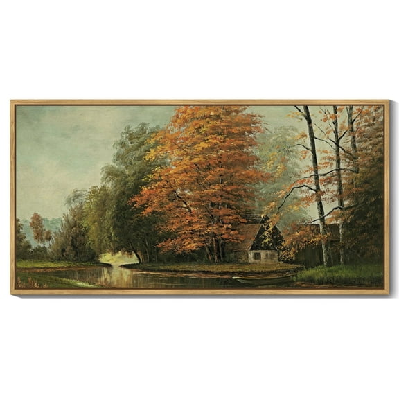 Drsoum Large 20x40in Natural Framed Countryside River Vintage Wall Art Landscape Painting Retro Fall Scenery Farmhouse Kitchen Living Room Decor