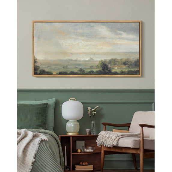 Drsoum Large 20x40in Natural Framed Countryside Vintage Wall Art Landscape Painting Retro Meadow Classical Scenery Farmhouse Kitchen Living Room Decor