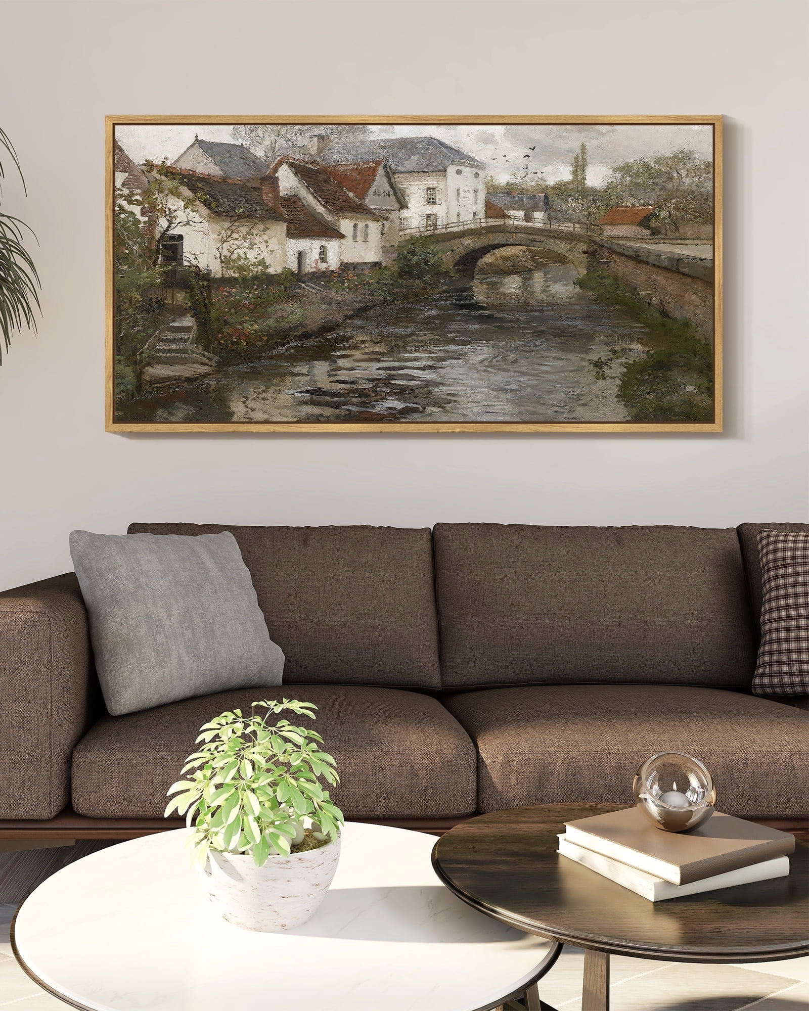 Drsoum Large 20x40in Natural Framed French Town Country Vintage Wall Art Landscape Painting Retro Countryside River Scenery Farmhouse Kitchen Living Room Decor