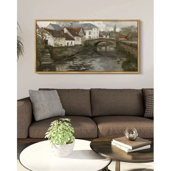 Drsoum Large 20x40in Natural Framed French Town Country Vintage Wall Art Landscape Painting Retro Countryside River Scenery Farmhouse Kitchen Living Room Decor