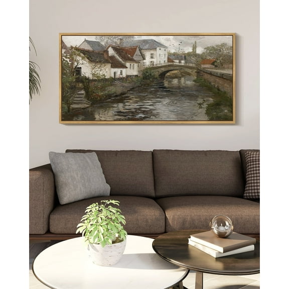 Drsoum Large 20x40in Natural Framed French Town Country Vintage Wall Art Landscape Painting Retro Countryside River Scenery Farmhouse Kitchen Living Room Decor
