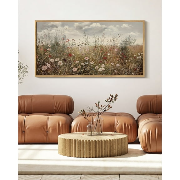 Drsoum Large 20x40in Natural Framed Meadow Wildflower Field Vintage Wall Art Prints Classic Retro Farmhouse Landscape Rustic Decorations for Living Room Bedroom