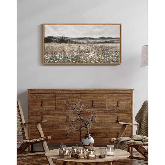Drsoum Large 20x40in Natural Framed Meadow with Flowers Vintage Wall Art Landscape Painting Retro Scenery Farmhouse Bedroom Living Room Decor