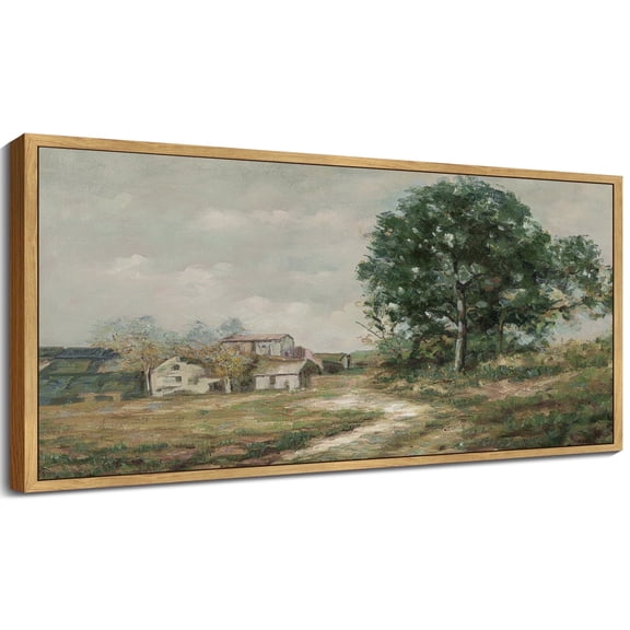 Drsoum Large 20x40in Natural Framed Rustic Country Road Landscape Vintage Wall Art Painting Retro Countryside Scenery Farmhouse Kitchen Living Room Decor