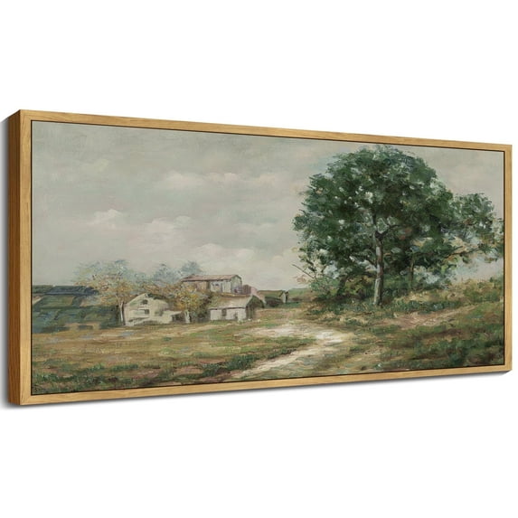 Drsoum Large 20x40in Natural Framed Rustic Country Road Landscape Vintage Wall Art Painting Retro Countryside Scenery Farmhouse Kitchen Living Room Decor