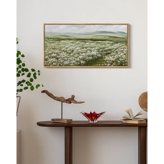 Drsoum Large 20x40in Natural Framed Rustic Meadow Sea of Wildflower Field Vintage Wall Art Landscape Painting Retro Floral Scenery Farmhouse Kitchen Living Room Decor