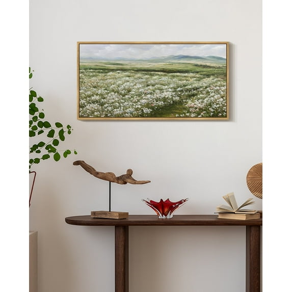Drsoum Large 20x40in Natural Framed Rustic Meadow Sea of Wildflower Field Vintage Wall Art Landscape Painting Retro Floral Scenery Farmhouse Kitchen Living Room Decor