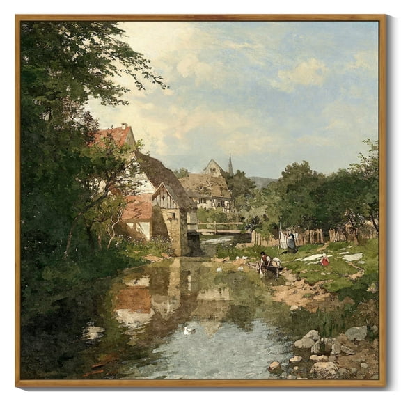 Drsoum Large 24x24in Natural Framed Vintage Countrysid and Rivulet Wall Art Classic Retro Village Landscape Rustic Wall Prints Farmhouse Kitchen Bathroom Office Decor