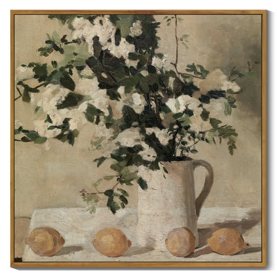 Drsoum Large 24x24in Natural Framed Vintage Flower Wall Art Classic Retro Floral and Lemons Bush Wall Prints Farmhouse Kitchen Bathroom Office Decor