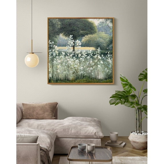 Drsoum Large 24x24in Natural Framed Vintage Forest Landscape Canvas Wall Art Pond Classic Wall Prints Modern Farmhouse Kitchen Bedroom living room Decor