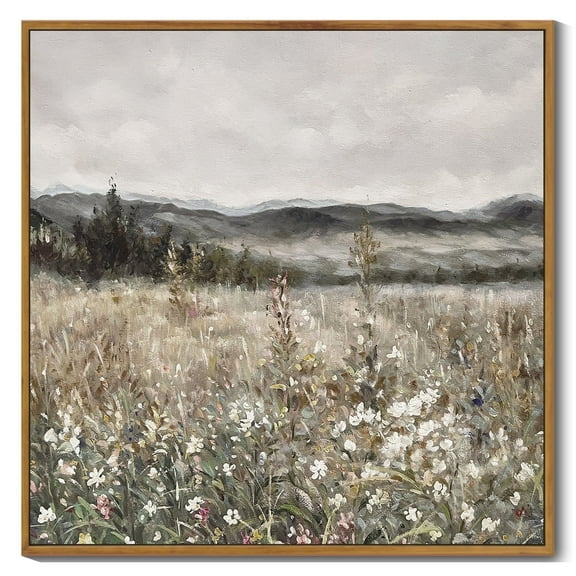 Drsoum Large 24x24in Natural Framed Vintage Landscape Canvas Wall Art Prairie in Full Bloom Classic Wall Prints Modern Farmhouse Kitchen Bedroom living room Decor