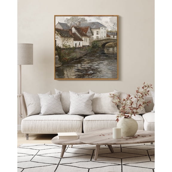 Drsoum Large 24x24in Natural Framed Vintage Landscape Canvas Wall Art Town Classic Wall Prints Modern Farmhouse Hallways Studies Offices Living Rooms Decor