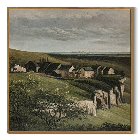 Drsoum Large 24x24in Natural Framed Vintage Landscape Canvas Wall Art Village Classic Wall Prints Modern Farmhouse Bedroom Hallways Kitchens living room Decor