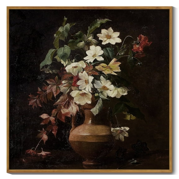 Drsoum Large 24x24in Natural Framed Vintage Rustic Flower Artwork Decor Mid Century Floral Wall Art Kitchen Bathroom Office Decor