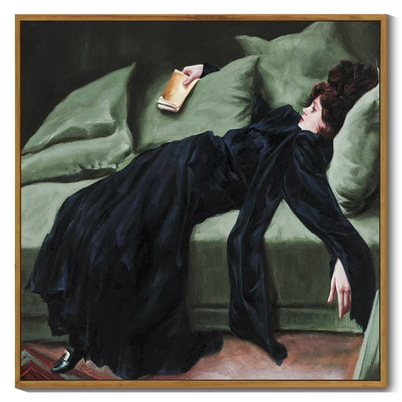 Drsoum Large 24x24in Natural Framed Vintage Wall Art Classic Moody Decadent Young Woman After the Dance Victorian Wall Prints Kitchen Bathroom Office Decor