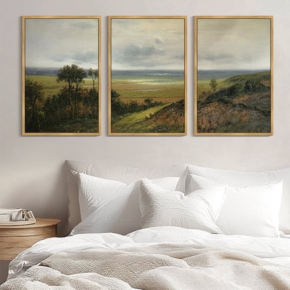 Drsoum Large 24x36in3pcs Brown Framed Vintage Landscape Wall Art Rustic Vast Grassland Farmhouse Decor Retro Countryside Meadow Painting for Kitchen Living Room Bedroom