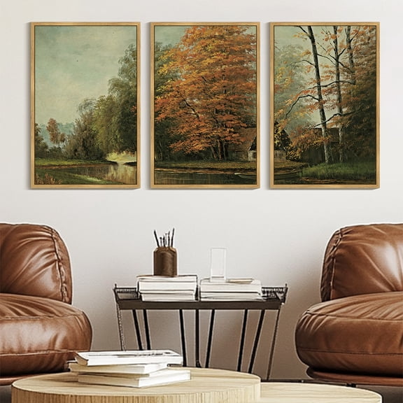Drsoum Large 24x36in3pcs Brown Framed Vintage Wall Art Countryside River Landscape Painting Retro Fall Scenery Farmhouse Bedroom Above of Bed Living Room Decor