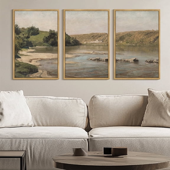 Drsoum Large 24x36in3pcs Brown Framed Vintage Wall Art Rustic Country Riverside Landscape Scenery Home Decor Retro Mountain Decorations for Bedroom