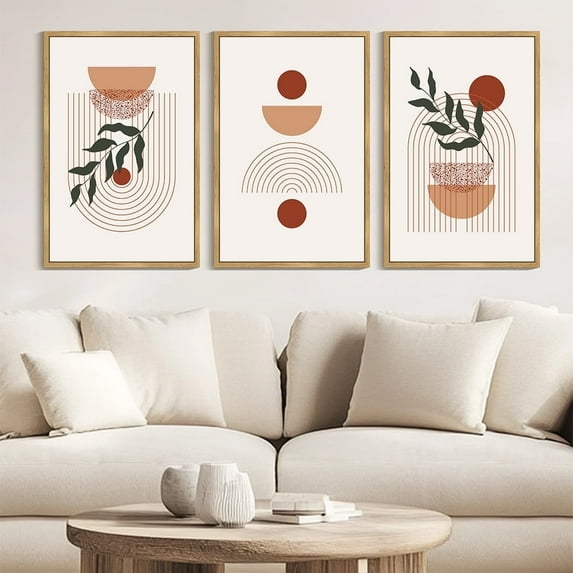 Drsoum Large 24x36in3pcs Natural Framed Boho Wall Decor Leaf Bohemia Decor Modern Abstract Geometry Painting for Kitchen Hallway