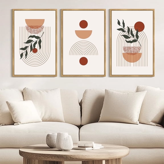 Drsoum Large 24x36in3pcs Natural Framed Boho Wall Decor Leaf Bohemia Decor Modern Abstract Geometry Painting for Kitchen Hallway