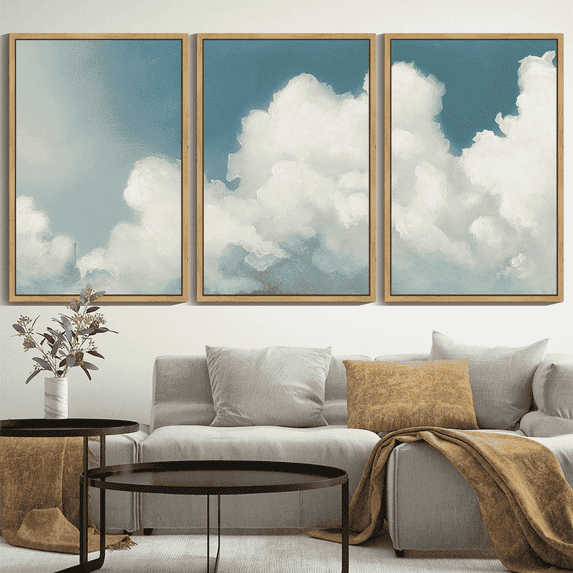 Drsoum Large 24x36in3pcs Natural Framed Cloud Framed Wall Art Cloudy Sky Natural Wall Decor Vintage Landscape Modern Painting Artwork for Living Room Bedroom