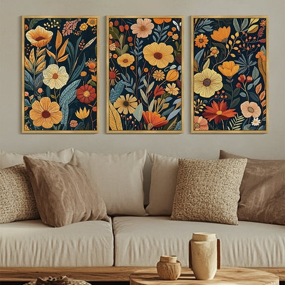 Drsoum Large 24x36in3pcs Natural Framed Flower wall Art Floral Wildflowers Decor for Bedroom living Room