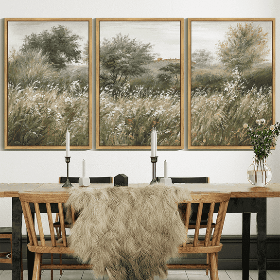 Drsoum Large 24x36in3pcs Natural Framed Vintage Country Meadow Field Wall Prints Classic Retro Farmhouse Landscape Wall Art Rustic Decorations for Living Room Bedroom