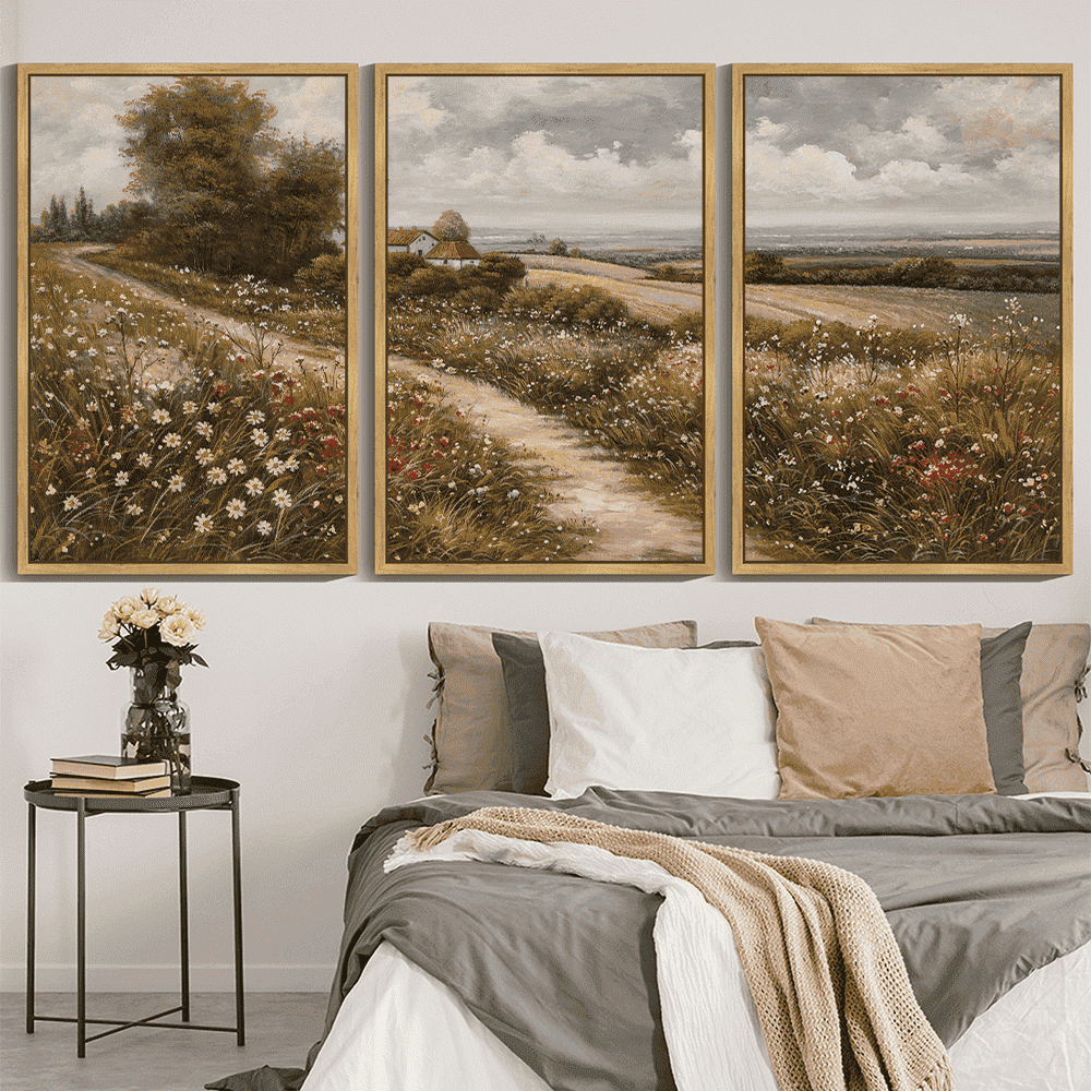 Drsoum Large 24x36in3pcs Natural Framed Vintage Countryside Meadow Wildflower Field Wall Prints Classic Retro Farmhouse Landscape Wall Art Rustic Decorations for Living room Bedroom