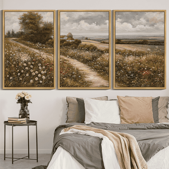 Drsoum Large 24x36in3pcs Natural Framed Vintage Countryside Meadow Wildflower Field Wall Prints Classic Retro Farmhouse Landscape Wall Art Rustic Decorations for Living room Bedroom