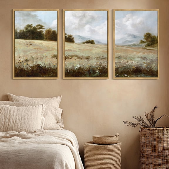 Drsoum Large 24x36in3pcs Natural Framed Vintage Landscape Wall Art Grassland Modern Farmhouse Decor for Bedroom living Room