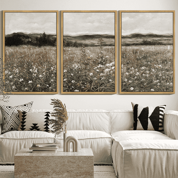 Drsoum 24inx36in3pcs Natural Framed Vintage Meadow Sea of Flower Wall Prints, Classic Retro Farmhouse Landscape Wall Art, Rustic Decorations for Living room Bedroom