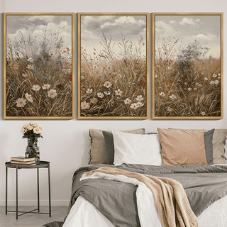 Drsoum Large 24x36in3pcs Natural Framed Vintage Meadow Wildflower Field Wall Prints Classic Retro Farmhouse Landscape Wall Art Rustic Decorations for Living Room Bedroom