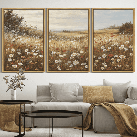 Drsoum Large 24x36in3pcs Natural Framed Vintage Wall Art Grassland Meadow Wildflower Field Landscape Wall Prints Classic Retro Farmhouse Rustic Decorations