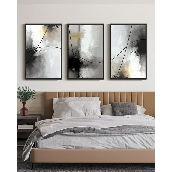 Drsoum Large Abstract Wall Art 24x36in3pcs Black Framed Black Line Modern Minimalist Painting Decor Graffiti Artwork