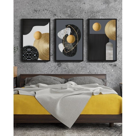 Drsoum Large Black Geometry Wall Art24x36in3pcs Black Framed Modern Minimalist Abstract Artwork Bedroom Living Room Decor