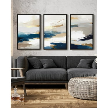 Drsoum Large Blue Abstract Wall Art 24x36in3pcs Black Framed Modern Minimalist Painting Decor Graffiti Artwork
