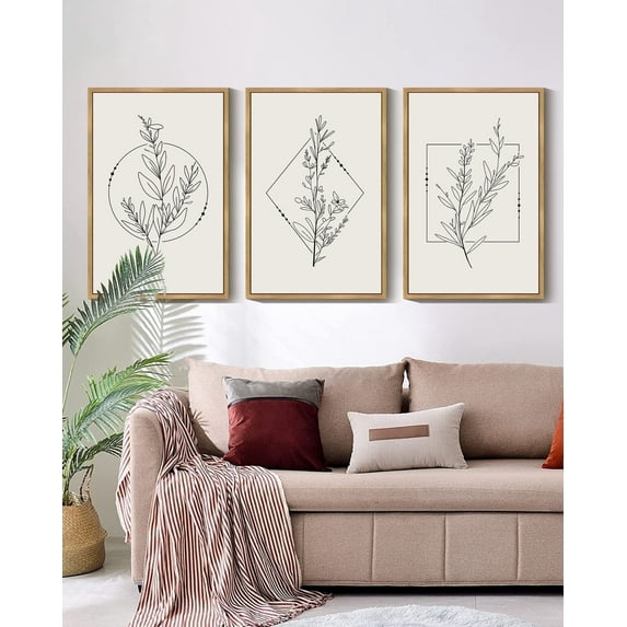Drsoum Minimalist Flower Wall Art 24x36in3pcs Large Natural Framed Vintage Wall Hanging Decor Bohemain Botanical Prints Artwork for Bedroom Living Room Hallway